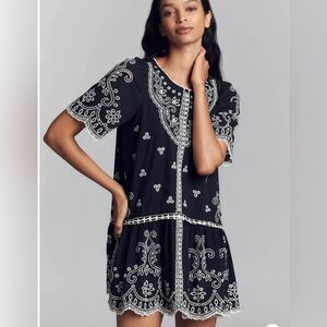 Anthropologie Maeve Black Mini Dress White Floral Embroidery SZ S EUC